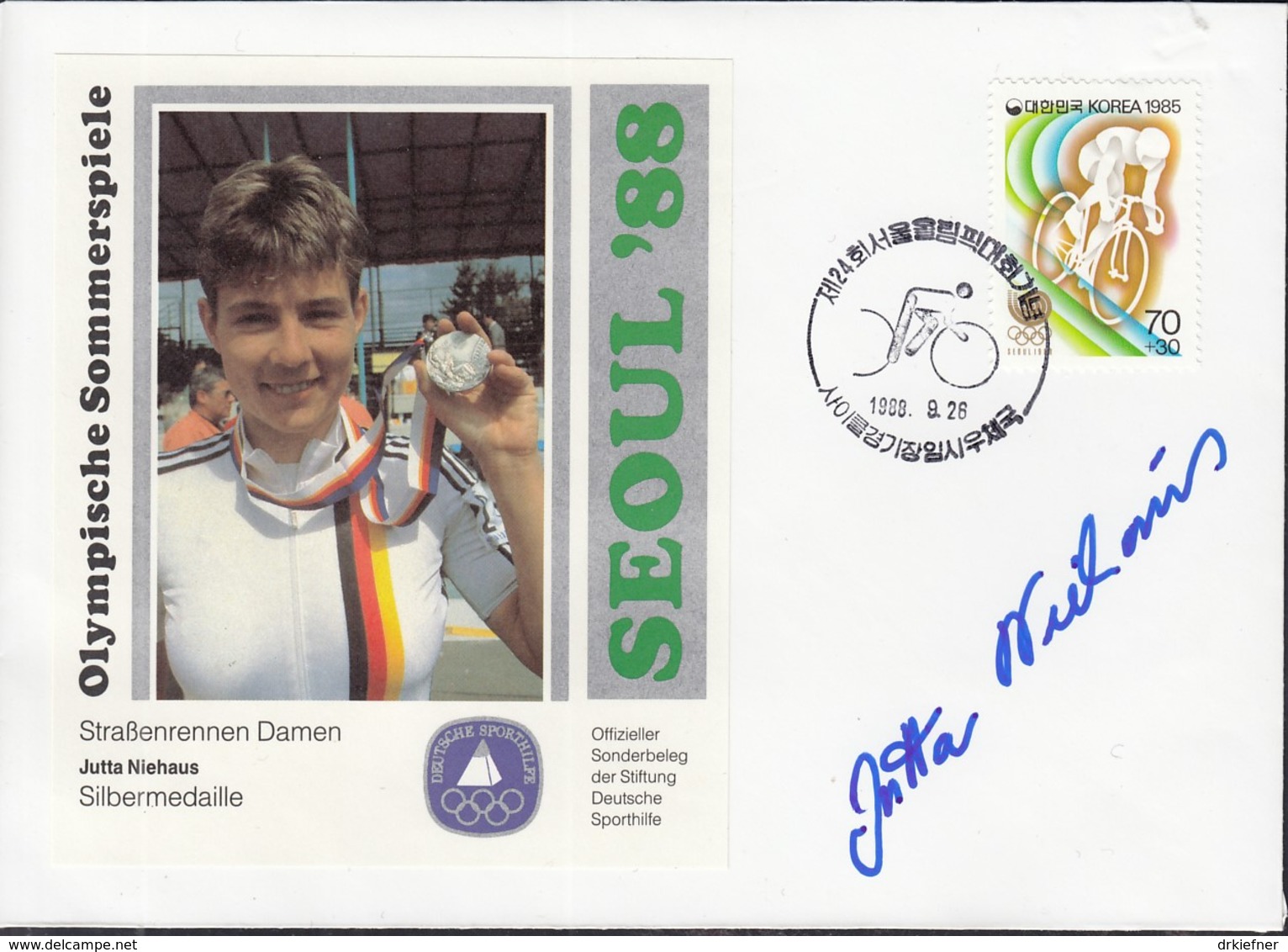 KOREA 1428, Auf Sonderumschlag Straßenrennen Damen: Jutta Niehaus Silber, Olympische Sommerspiele, Seoul 1988 - Korea (Süd-)