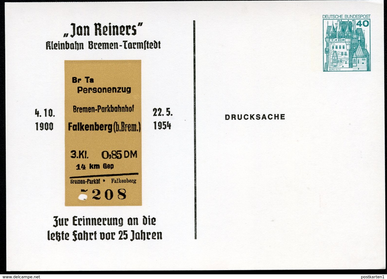 Bund PP100 B2/003 KLEINBAHN "JAN REINERS" Bremen-Tarmstedt 1979 - Private Postcards - Mint