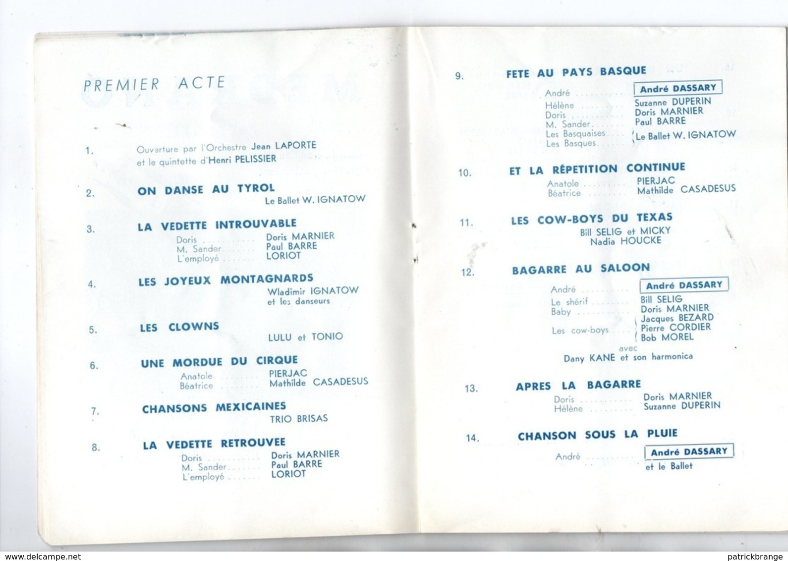 PROGRAMME . MEDRANO DE PARIS . " LA ROUTE QUI CHANTE " . A. DASSARY, M. CASADESUS, PIERJAC, D. MARMIER  - Réf. n° 47P -