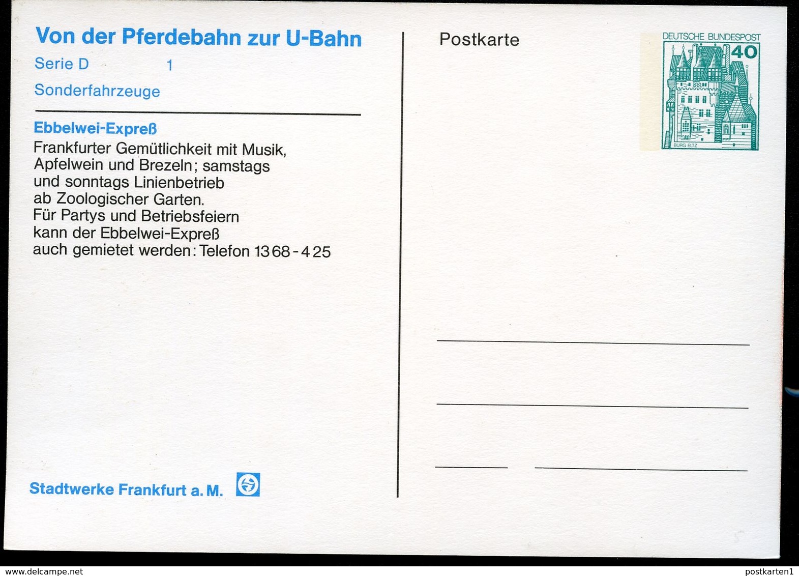 TRAM EBBELWEI-EXPRESS Frankfurt 1978 Germany STO Postal Card PP100 B2/007 - Strassenbahnen