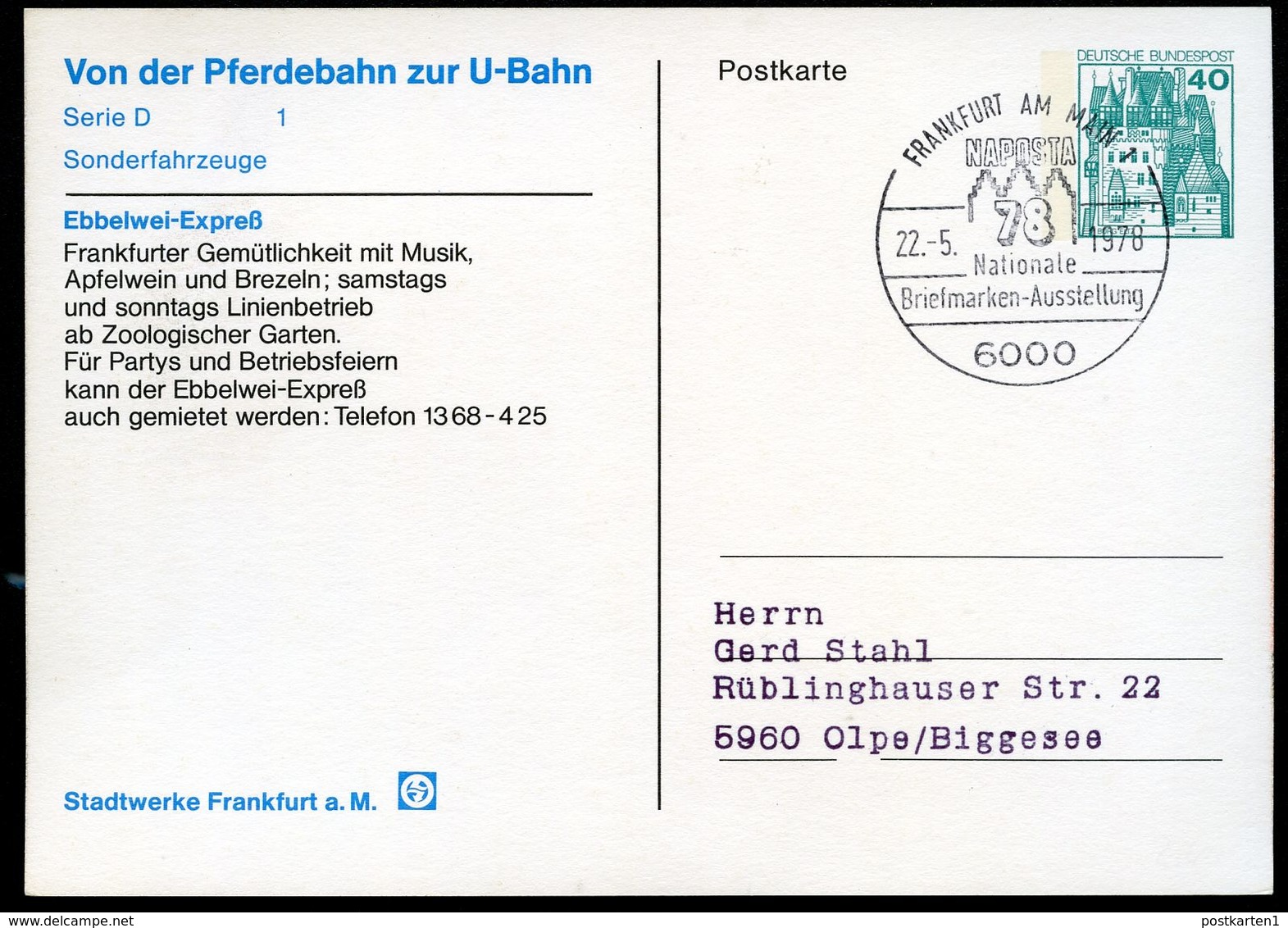 Bund PP100 B2/007 FRANKFURT EBBELWEI-EXPRESS Sost. 1978 - Privatpostkarten - Gebraucht