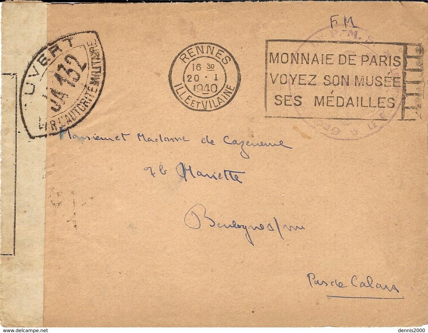 20-1-1940 - DEVANT( Front ) D'enveloppe De RENNES  Pour Boulogne ( Pas De Calais ) Avec Censure J A 132 - WW II