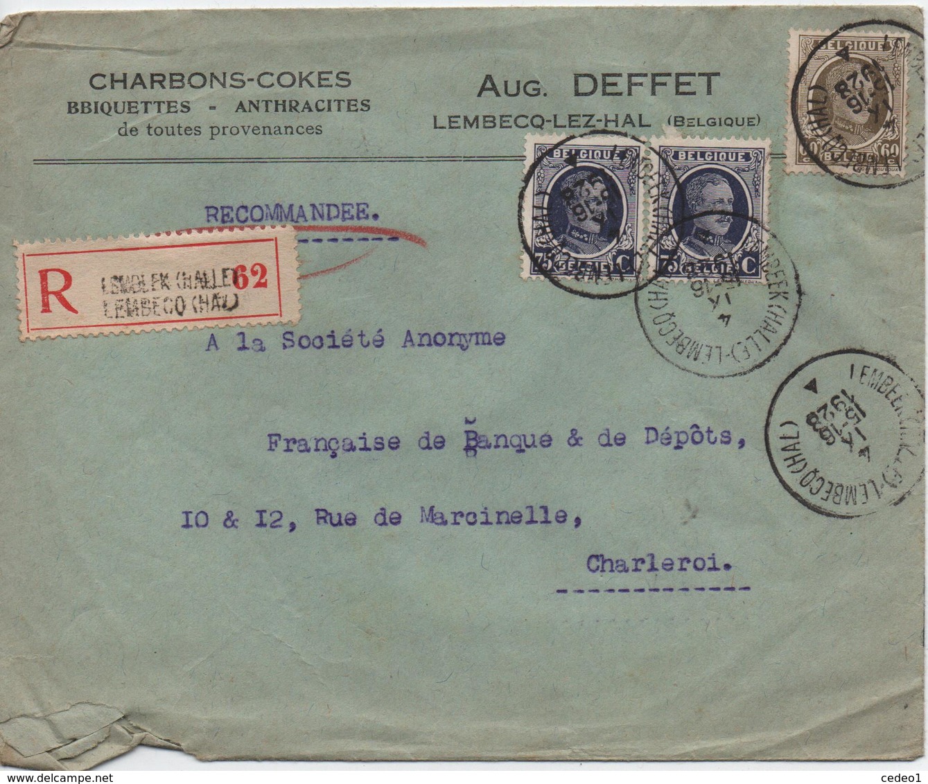 BELGIQUE  LETTRE  RECOMMANDEE   CHARBONS-COKES  LEMBECQ-LEZ-HAL  CACHET  1928 - Lettres & Documents