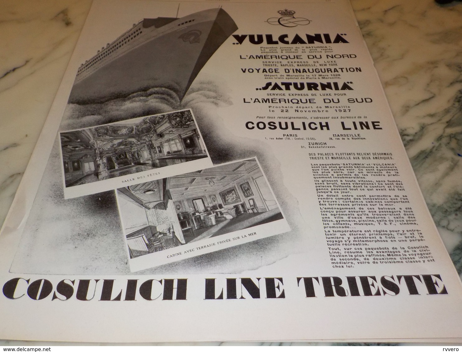 ANCIENNE PUBLICITE CROISIERE COSULICH LINE TRIESTE LE SATURNIA ET VULCANIA 1927 - Autres & Non Classés