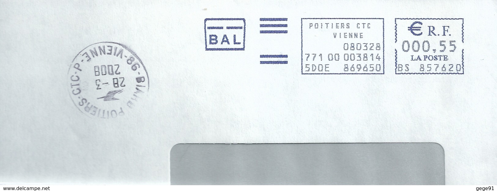 Cachet Manuel De Poitiers CTC P - Sur Ema Pitney Bowes BS - Enveloppe Entière - Manual Postmarks