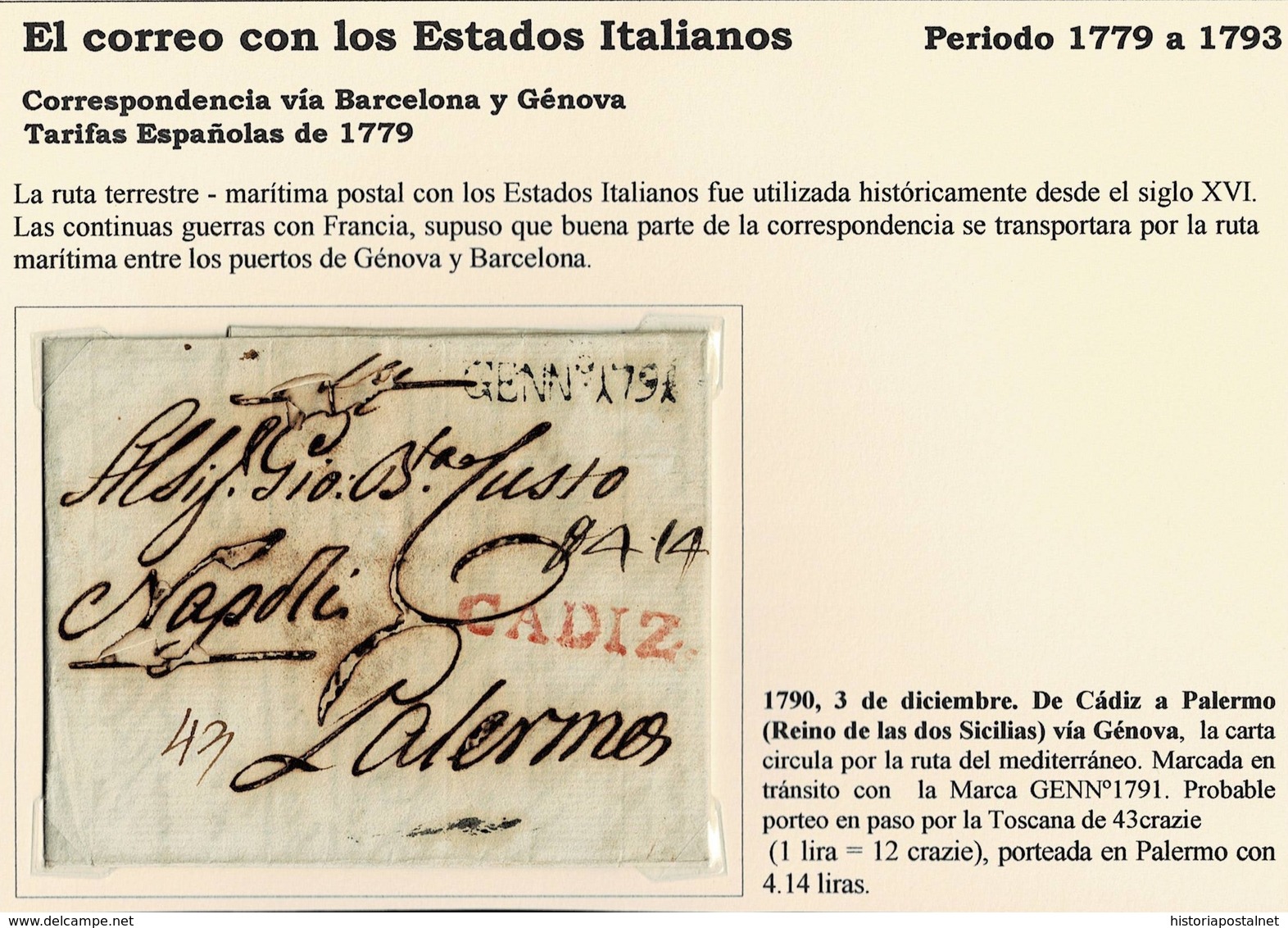 1790. CÁDIZ A PALERMO VÍA GÉNOVA. MARCA TRÁNSITO GENNº1791. PORTEADA PALERMO. MARCA CADIZ EN ROJO. - ...-1850 Préphilatélie