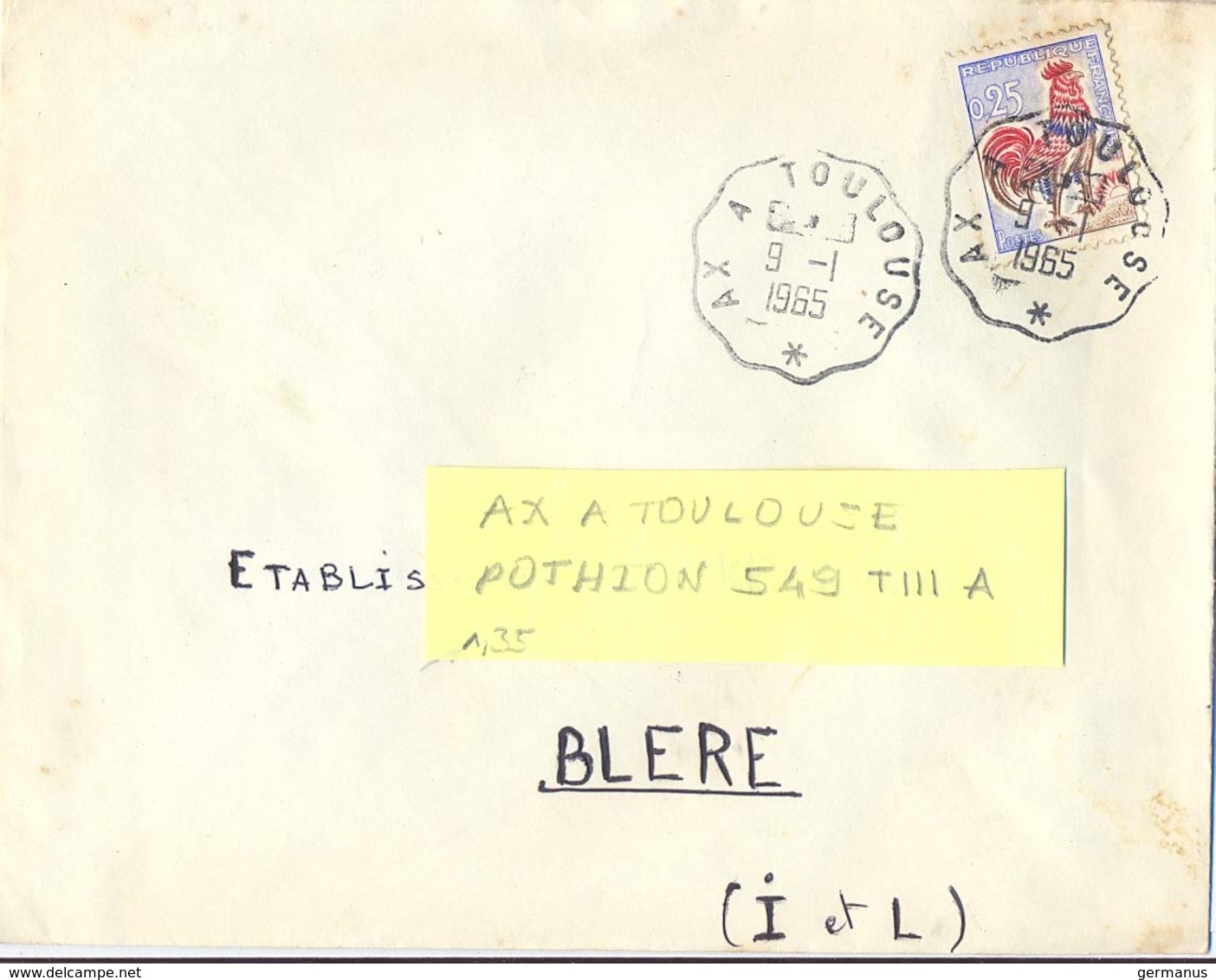 TàD CONVOYEUR AX A TOULOUSE 9-1-1965 – POTHION 549 TIII ALLER - Poste Ferroviaire