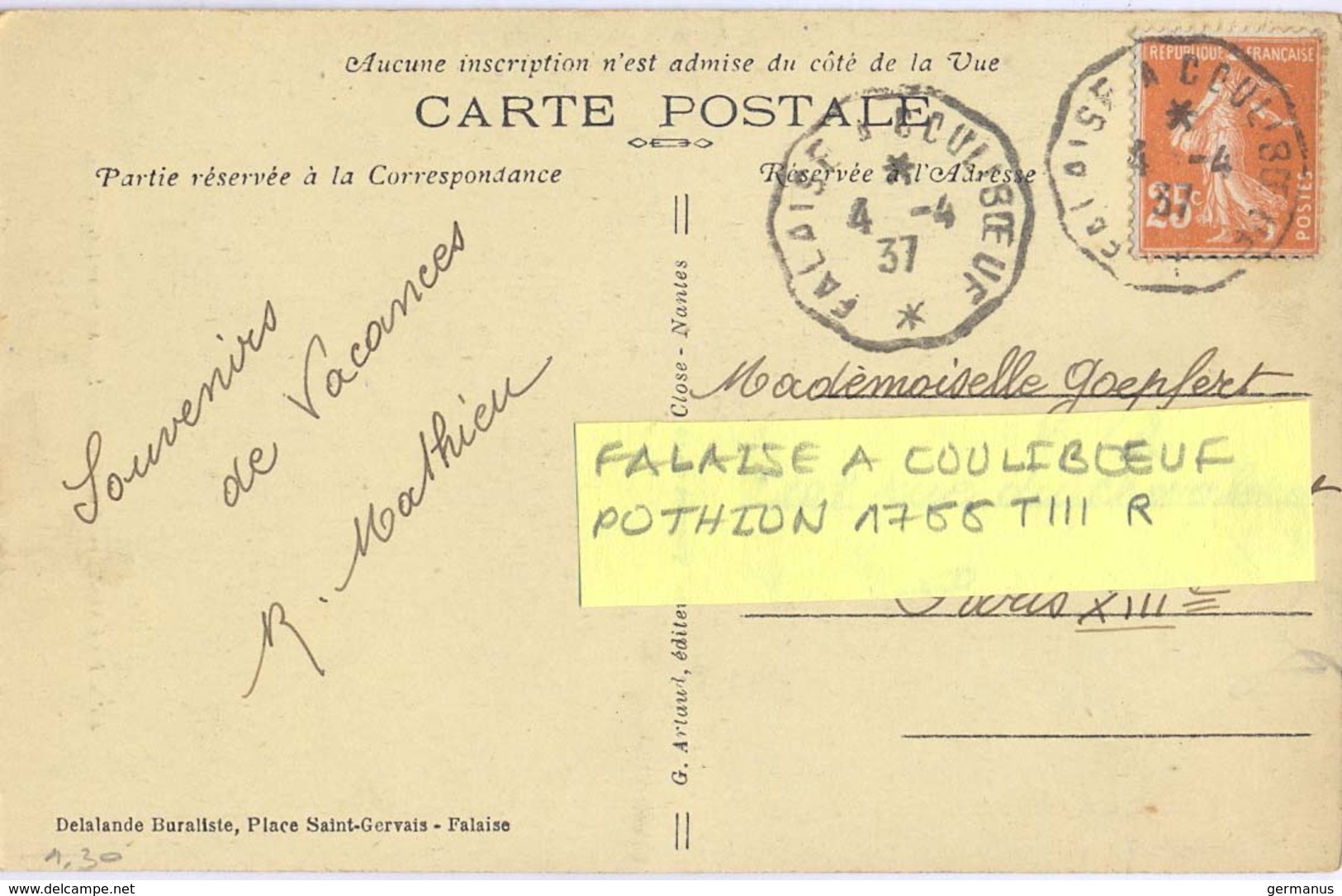 TàD CONVOYEUR FALAISE A COULIBŒUF 4-4-37 – POTHION 1766 TIII RETOUR - Railway Post