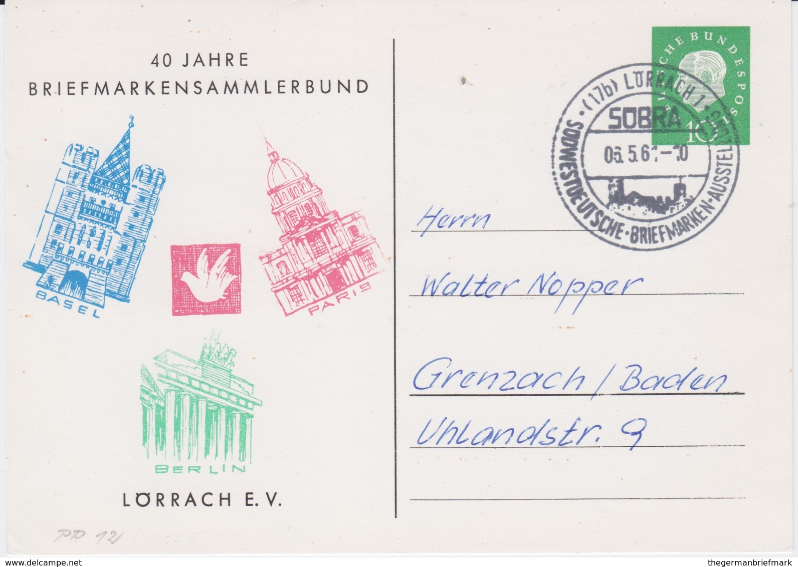 Bund Heuss Med Privatganzsache PP 18/15 SSt Lörrach 1961 - Private Postcards - Used