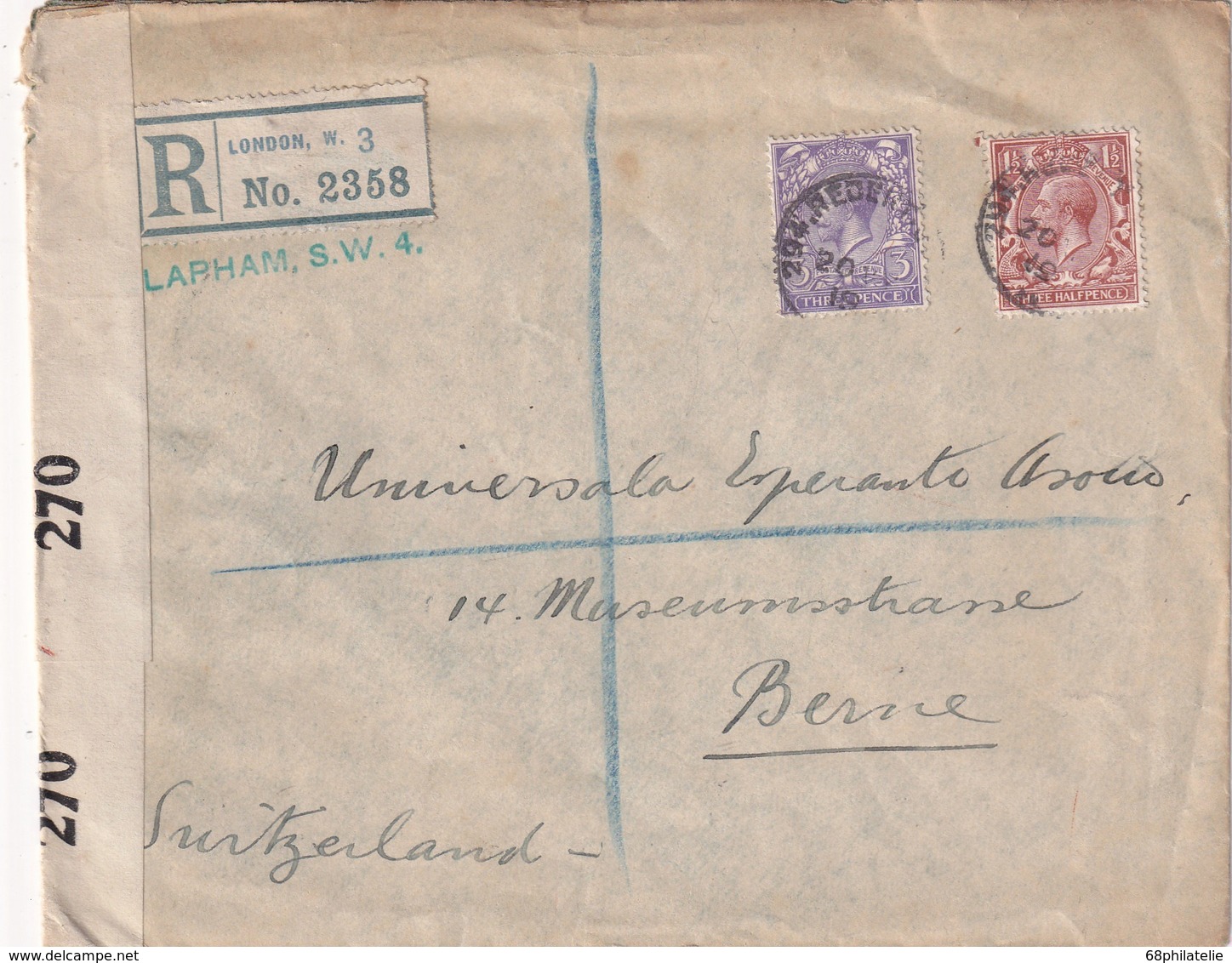 GRANDE-BRETAGNE 1919 LETTRE RECOMMANDEE  CENSUREE DE LONDON AVEC CACHET ARRIVEE BERN - Lettres & Documents