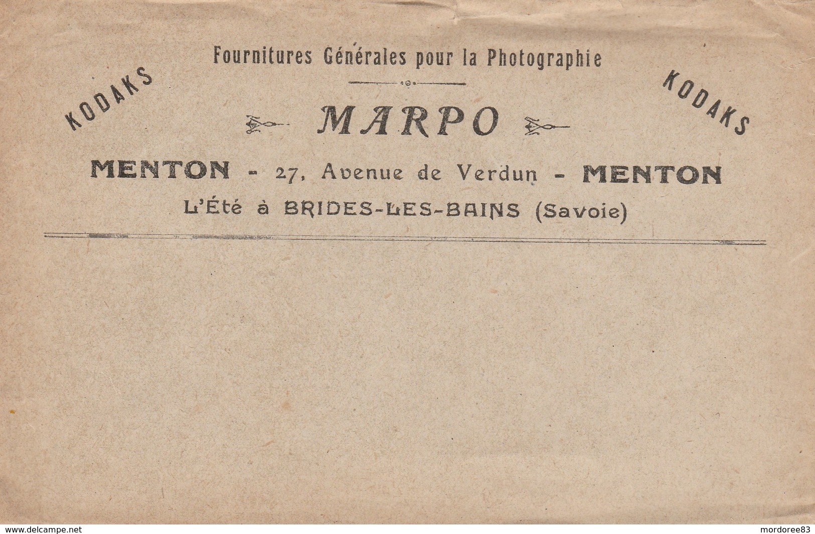 ENVELOPPE ANCIENNE PUB KODAKS MARPO MENTON ET BRIDES LES BAINS SAVOIE - Autres & Non Classés