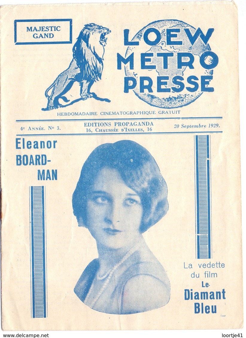 Pub Reclame - Ciné Cinema Bioscoop Majestic Gand Gent Film - Elenor Boardman - Le Diamant Bleu  - 1929 - Publicité Cinématographique