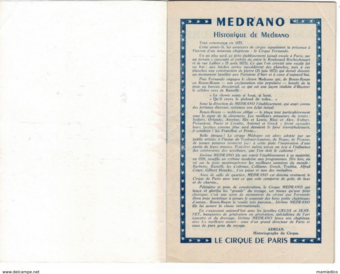 1956 Programme Du CIRQUE MEDRANO , LE CIRQUE DE PARIS Pour La 1ère Fois En Tournée Livret De 32 Pages - Programmes