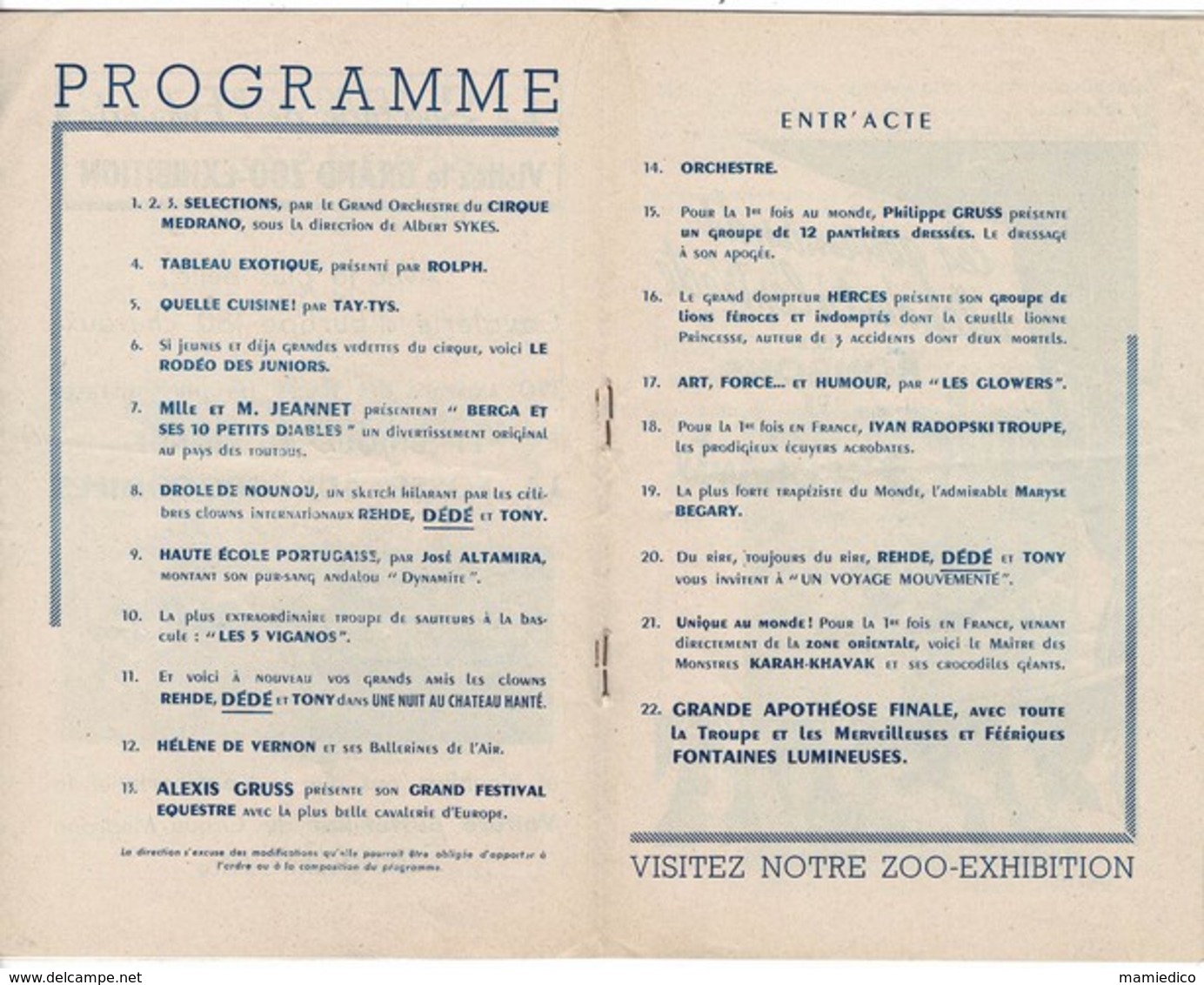 1956 Programme du CIRQUE MEDRANO , LE CIRQUE DE PARIS pour la 1ère fois en tournée Livret de 32 pages