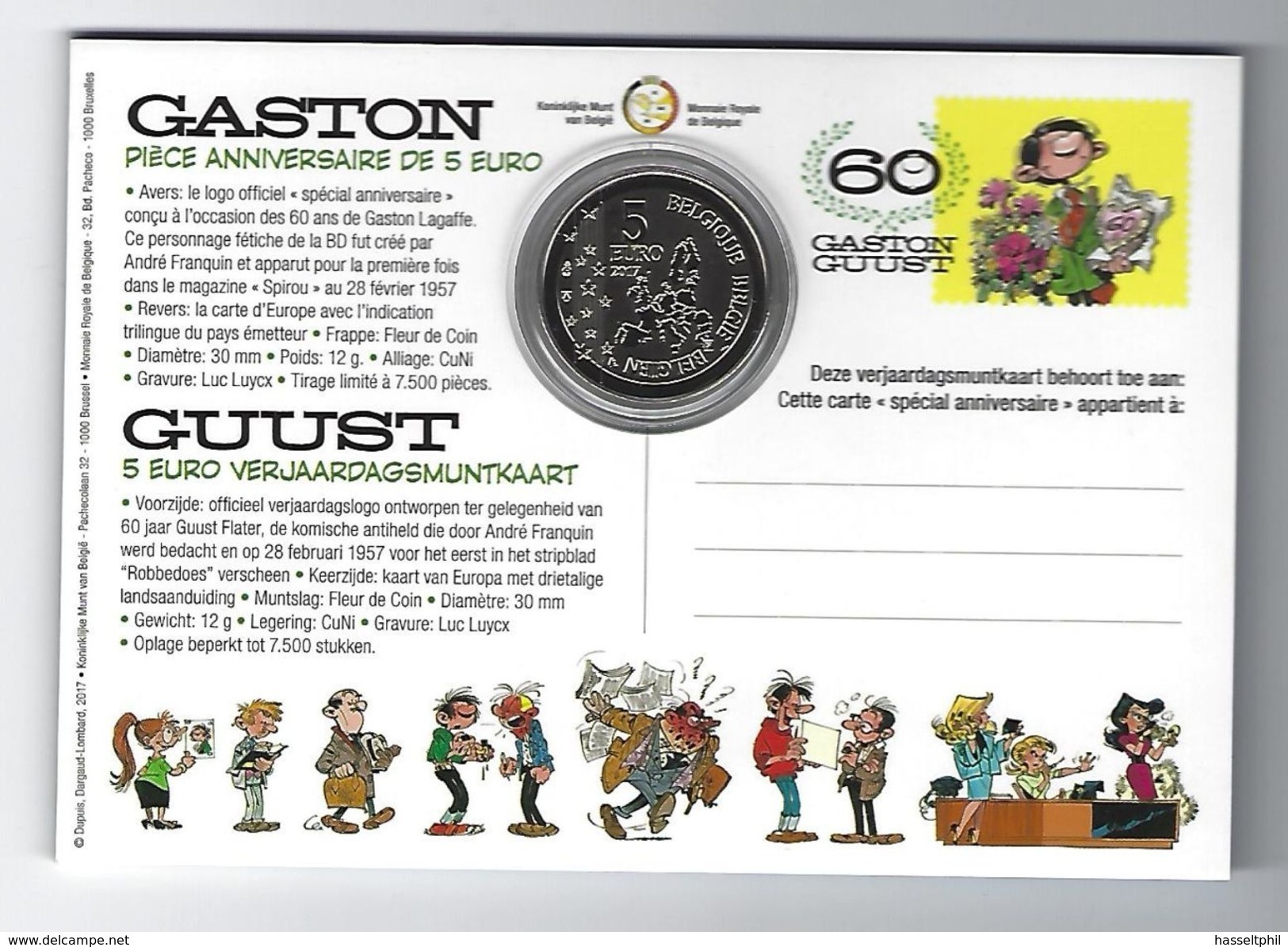 BELGIE - BELGIQUE EUROMUNT  5 Euro 2017 -  Guust Flater - Gaston (Franquin) IN COINCARD - Belgique