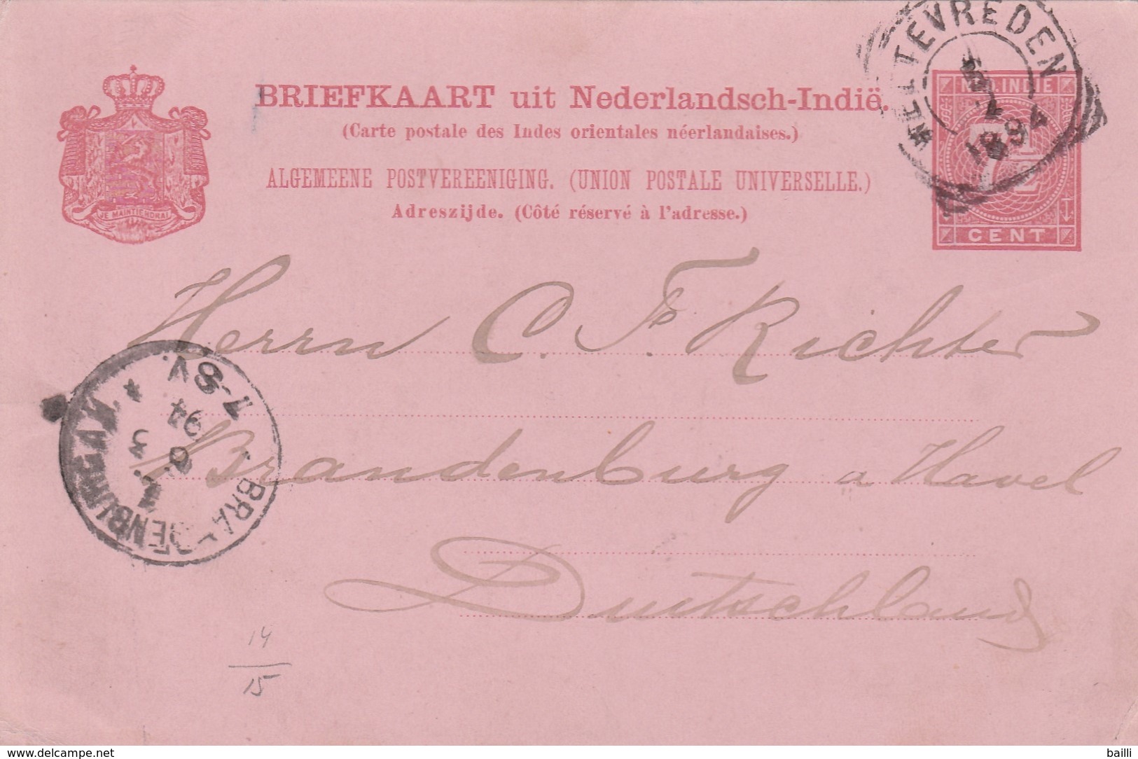 Indes Neerlandaises Entier Postal Pour L'Allemagne 1894 - Netherlands Indies