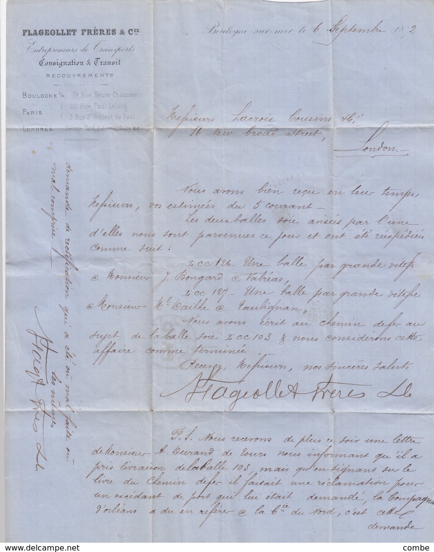 LETTRE. 8 SEPT 72. N° 30 LAURÉ 30c. PD FLAGEOLLET FRERES BOULOGNE-SUR-MER POUR L'ANGLETERRE LONDRES - 1849-1876: Klassik