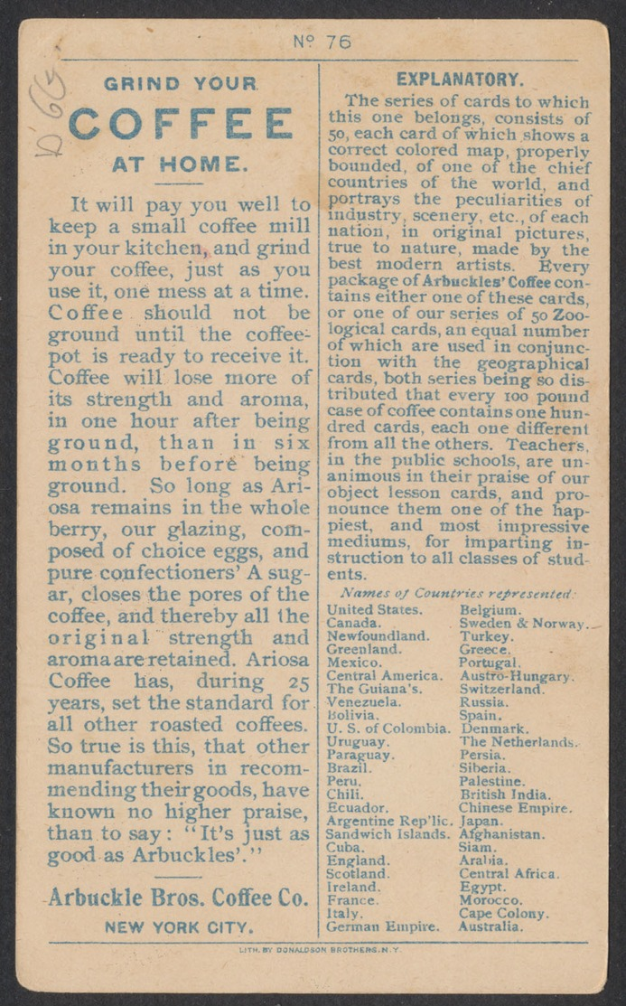 Chromos - Chinese Empire : Picking Tea Leaves + Verso PUB "Coffe Arbuckle Bros." (New York) / Dim : 12,7 X 7,7cm - Tea & Coffee Manufacturers