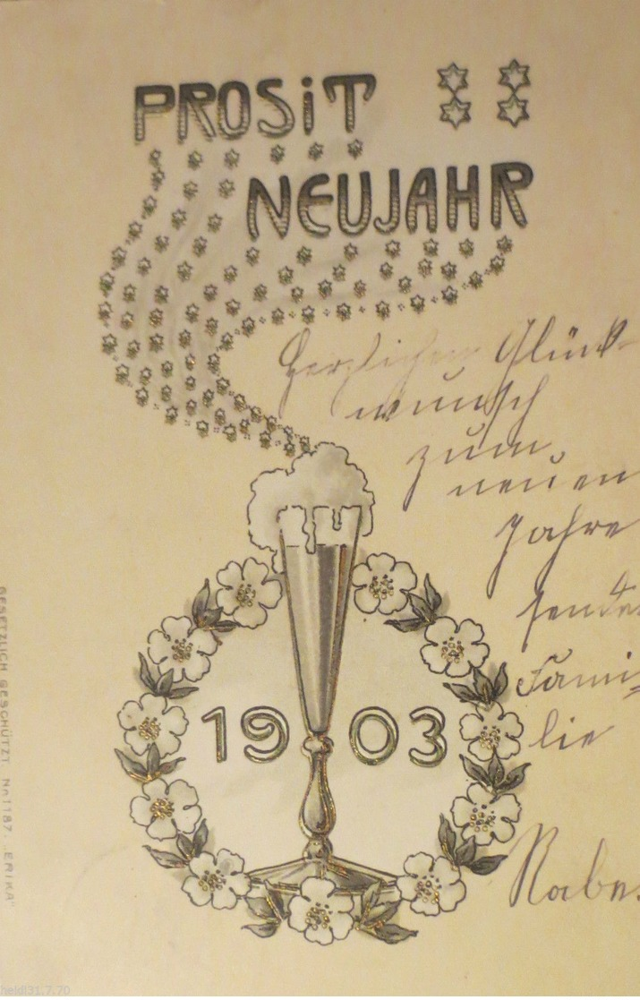 "Neujahr, Glas, Sekt, Blumenkranz" 1902, Golddruck ♥   - Anno Nuovo