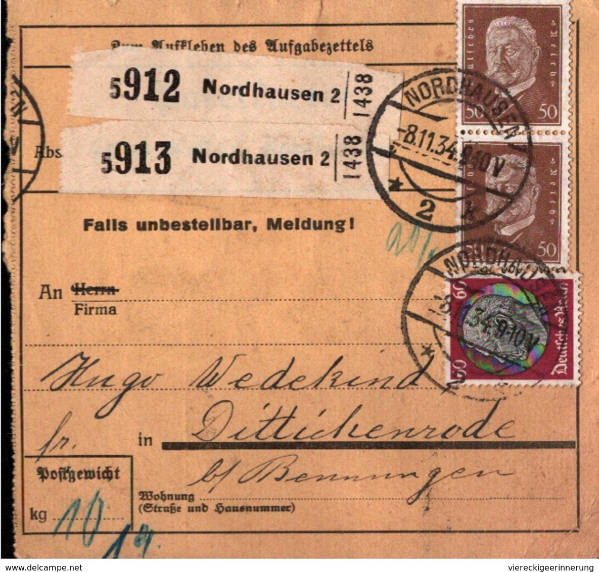 ! 1934 Paketkarte Deutsches Reich Aus Nordhausen Nach Dittichenrode - Storia Postale