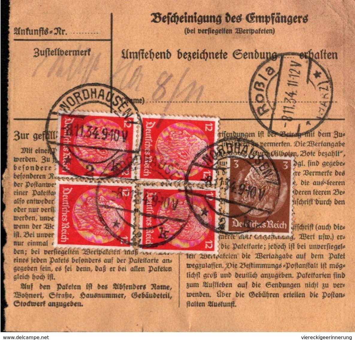 ! 1934 Paketkarte Deutsches Reich Aus Nordhausen Nach Dittichenrode - Storia Postale