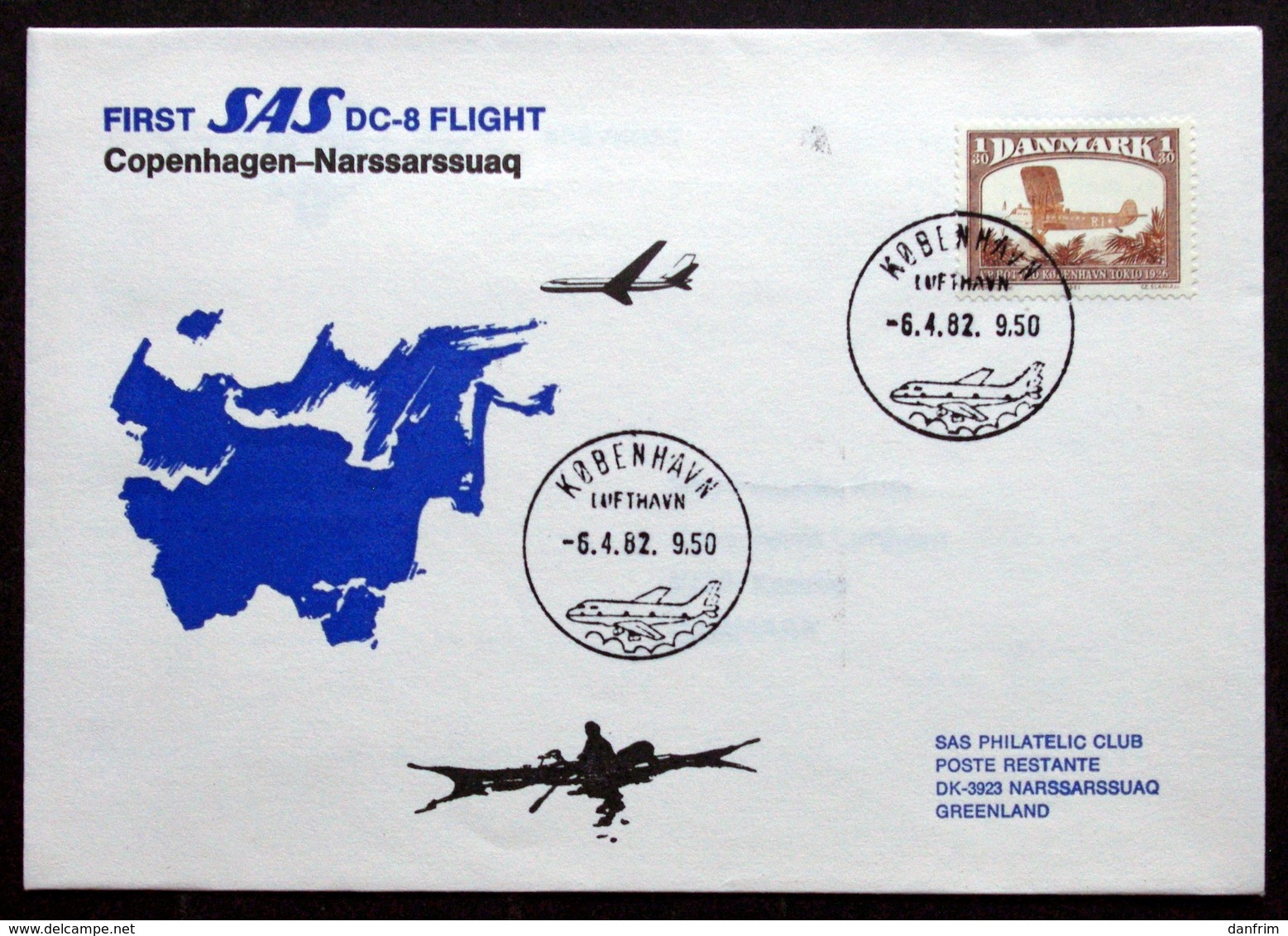 First SAS DC-8  Flight   Copenhagen /  Narssarssuaq  6-4-1982 ( Lot 225 ) - Lettres & Documents