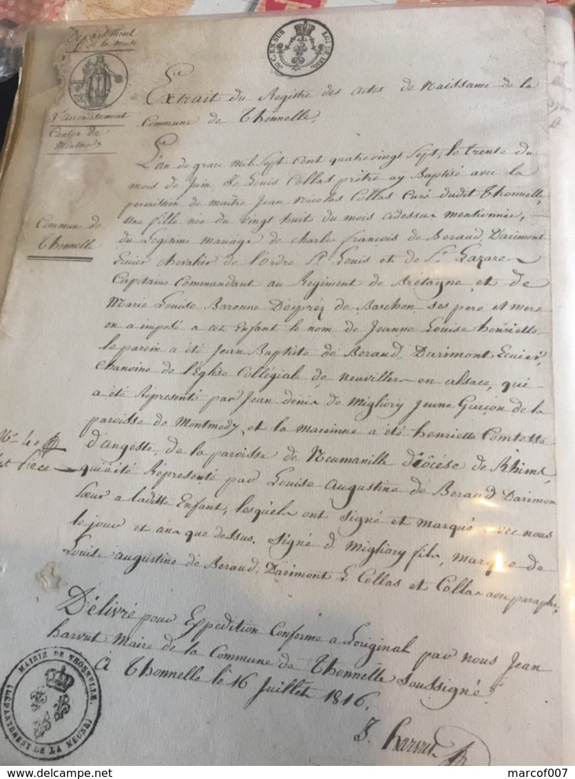 THONELLE - 1787 Naissance Et Baptême De Jeanne Louise Henriette De Beraud  D’A - Naissance & Baptême