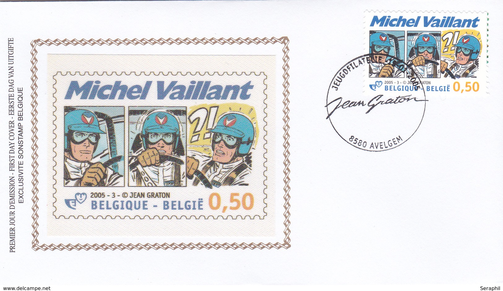 FDC Sur Soie/op Zijde -  B.D. - Michel Vaillant - Timbre N°3350 -  FDC 2005 - Oblitération  Avelgem - 2001-2010