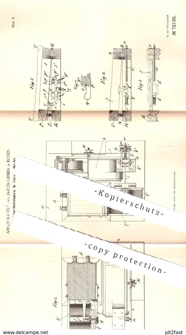 Original Patent - Abram Katzky , Jakob Gitkes , Berlin , 1893 , Elektrischer Kontrollapparat Für Fahrzeuge | Droschke - Historische Dokumente