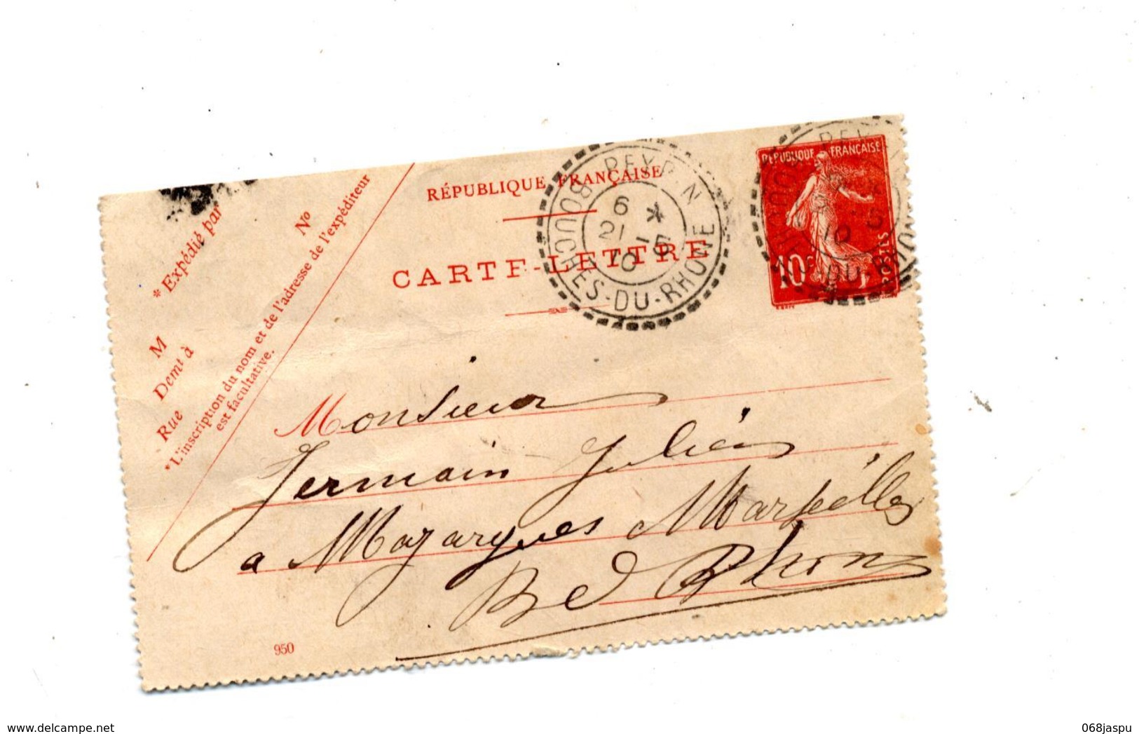 1/2 Carte Lettre 10 C Semeuse Cachet Peypin - Kartenbriefe