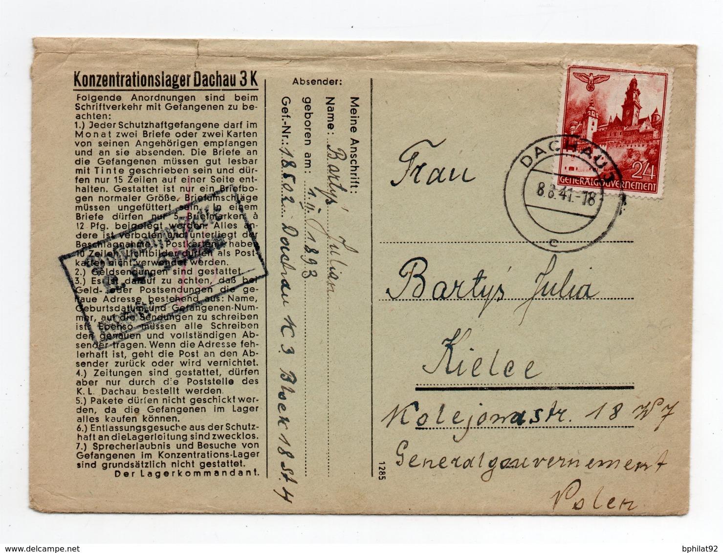 !!! PRIX FIXE: CAMP DE CONCENTRATION DE DACHAU, LETTRE DU 8/8/1941 POUR LA POLOGNE. TEXTE A L'INTERIEUR - WW II