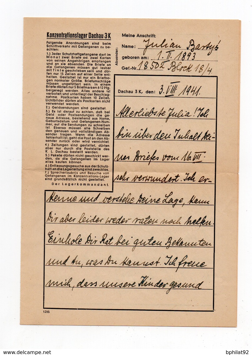 !!! PRIX FIXE: CAMP DE CONCENTRATION DE DACHAU, LETTRE DU 8/8/1941 POUR LA POLOGNE. TEXTE A L'INTERIEUR - WW II