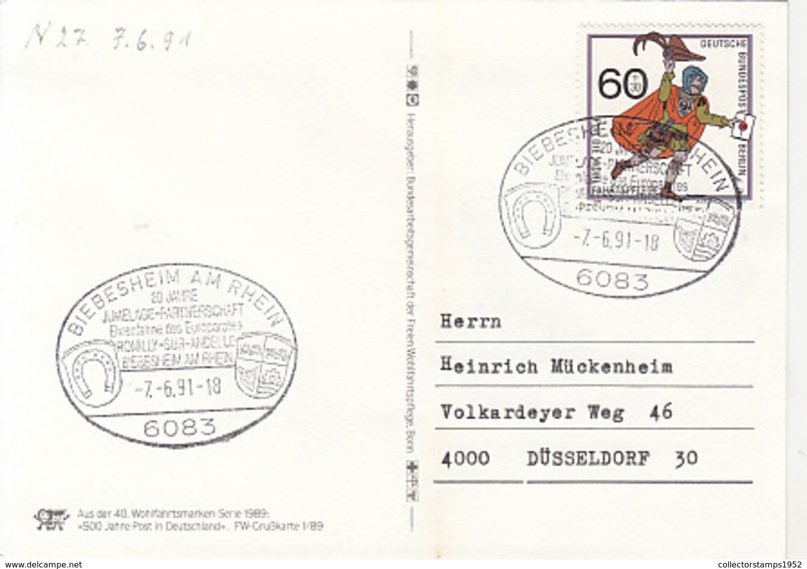 84509- BIEBESHEIM AM RHEIN SISTER CITIES SPECIAL POSTMARK ON SPECIAL POSTCARD, MESSENGER STAMP, 1991, WEST GERMANY - Storia Postale