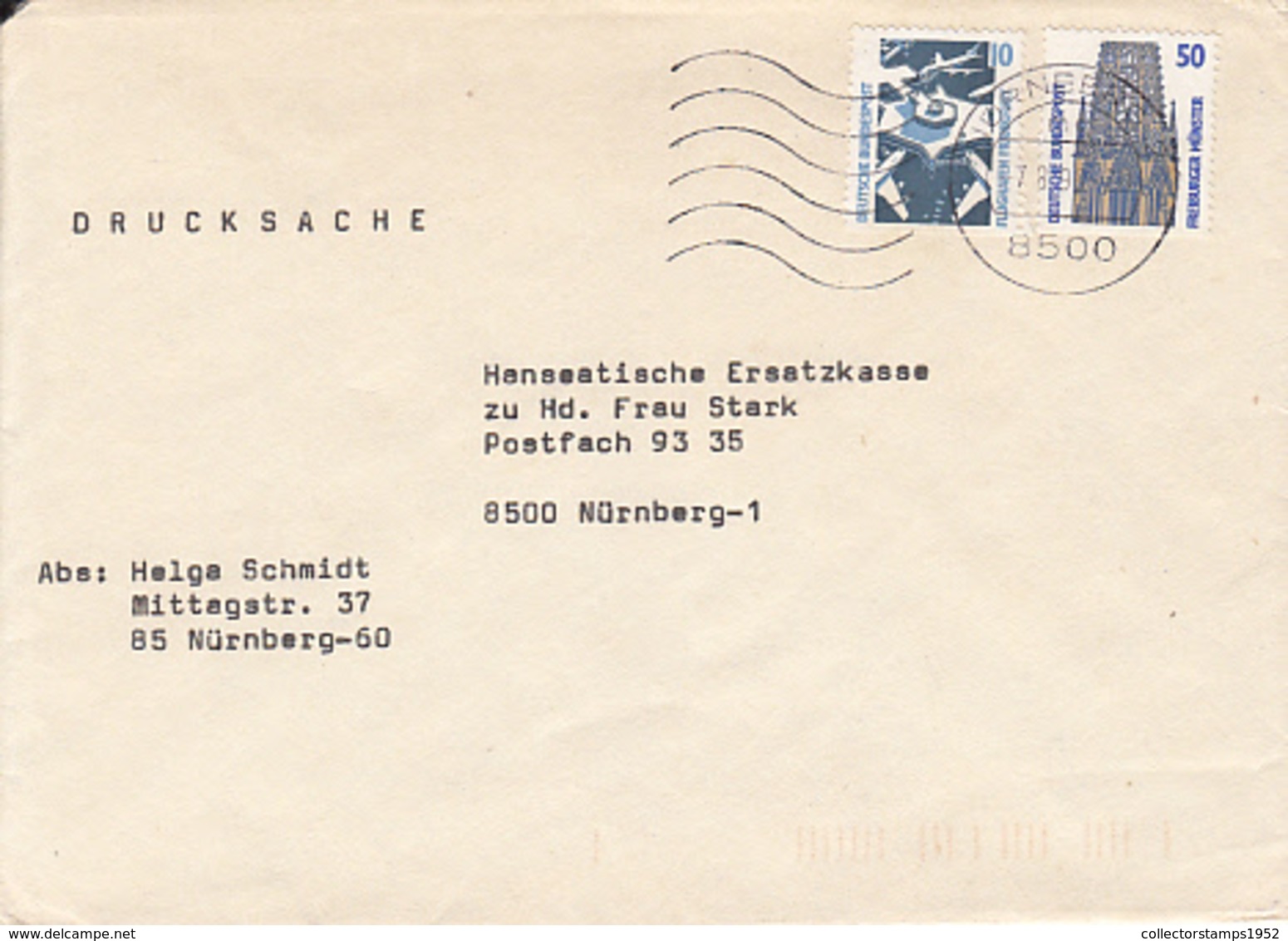 84565- FRANKFURT AIRPORT, FREIBURG CATHEDRAL, STAMPS ON COVER, 1990, WEST GERMANY - Storia Postale