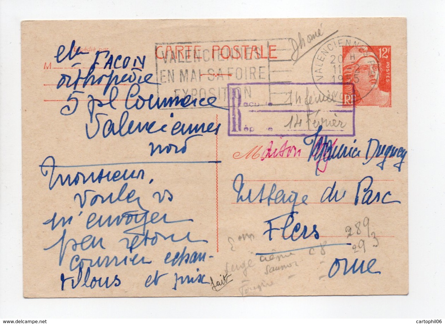 - Carte Postale HERBORISTE-ORTHOPÉDISTE FACON, VALENCIENNES (Nord) Pour TISSAGES DUGUEY, FLERS (Orne) 11.2.1955 - - Cartoline Postali E Su Commissione Privata TSC (ante 1995)