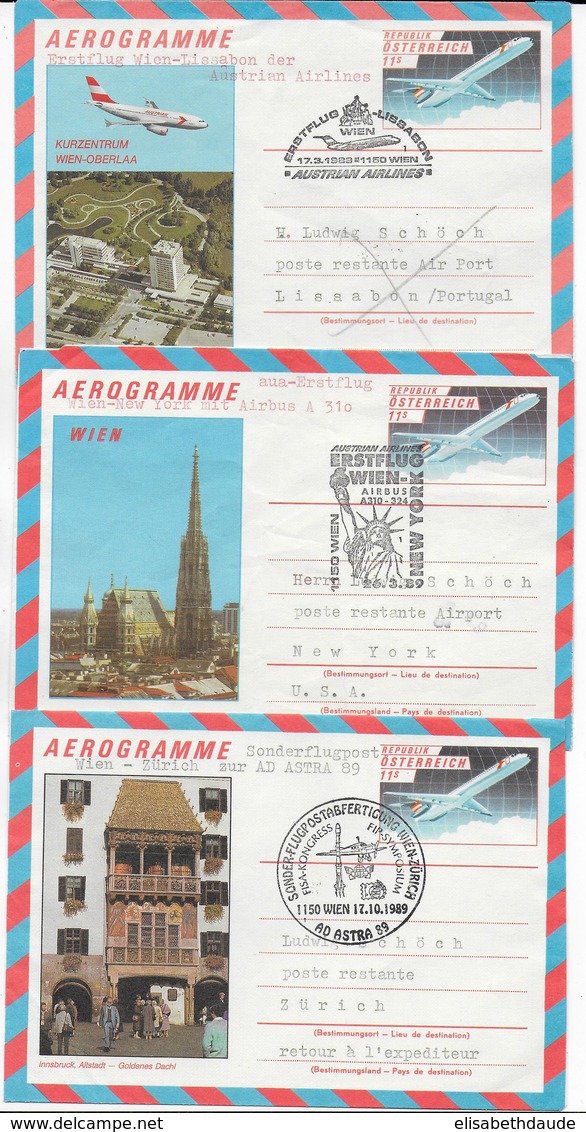 1989 - AUTRICHE - 3 ENVELOPPES AEROGRAMMES ILLUSTREES VOYAGEES Avec VOLS SPECIAUX - ERSTFLUG / SONDERFLUG - Other & Unclassified