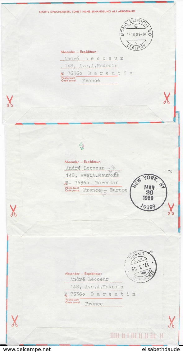 1989 - AUTRICHE - 3 ENVELOPPES AEROGRAMMES ILLUSTREES VOYAGEES Avec VOLS SPECIAUX - ERSTFLUG / SONDERFLUG - Other & Unclassified