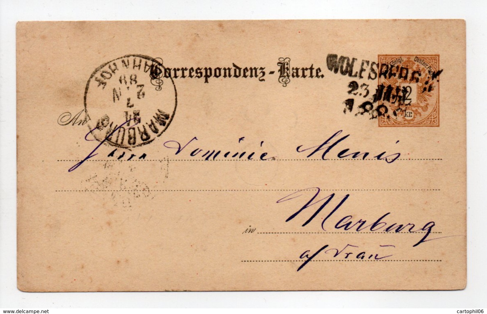 - CORRESPONDENZ-KARTE WOLFSPERG Pour MARBURG 23.7.1889 - - Other & Unclassified