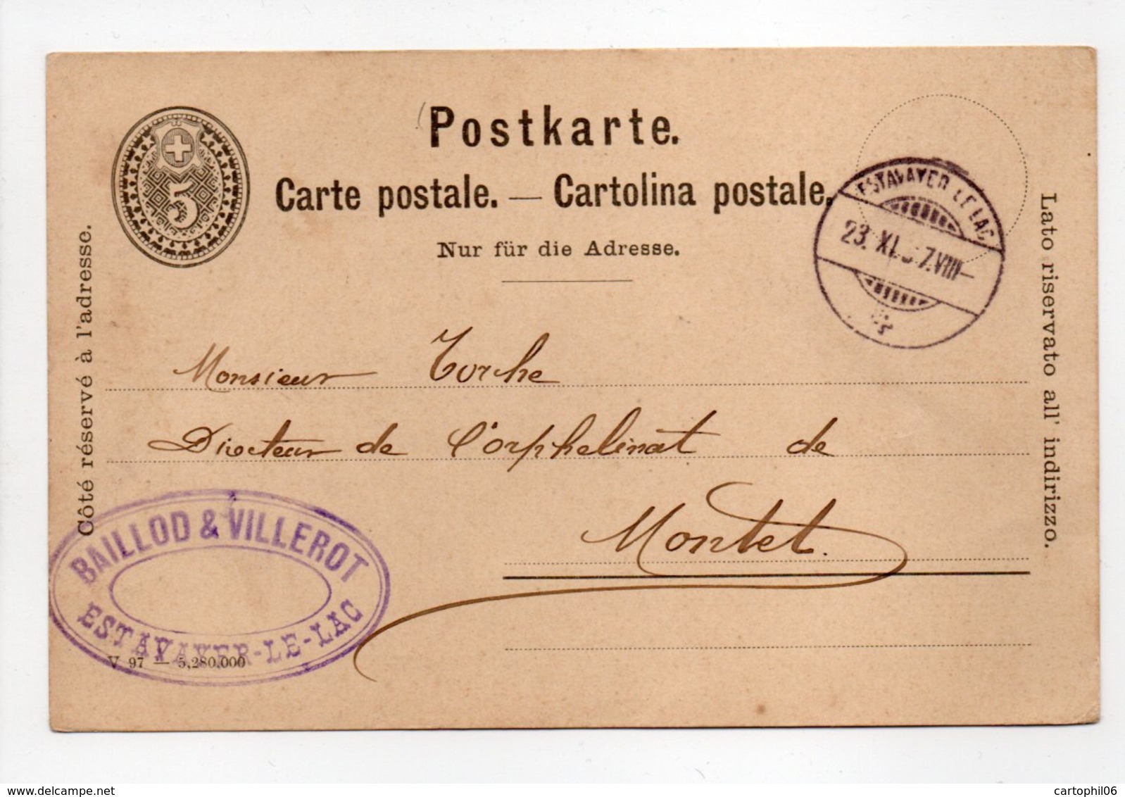 - Carte Postale BAILLOD & VILLEROT, ESTAVAYER-LE-LAC Pour ORPHELINAT DE MONTET (Suisse) 23.11.1897 - - Interi Postali