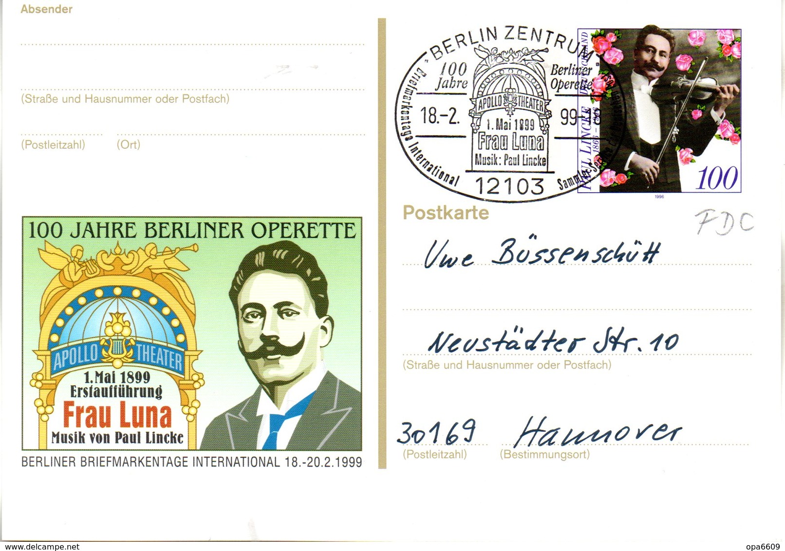 BRD Amtl. GZS-Sonderpostkarte PSo 57 "Int. Berliner BM-Tage" WSt. "50.Todestag Von Paul Lincke", ESSt. 18.10.1999 BERLIN - Postcards - Used