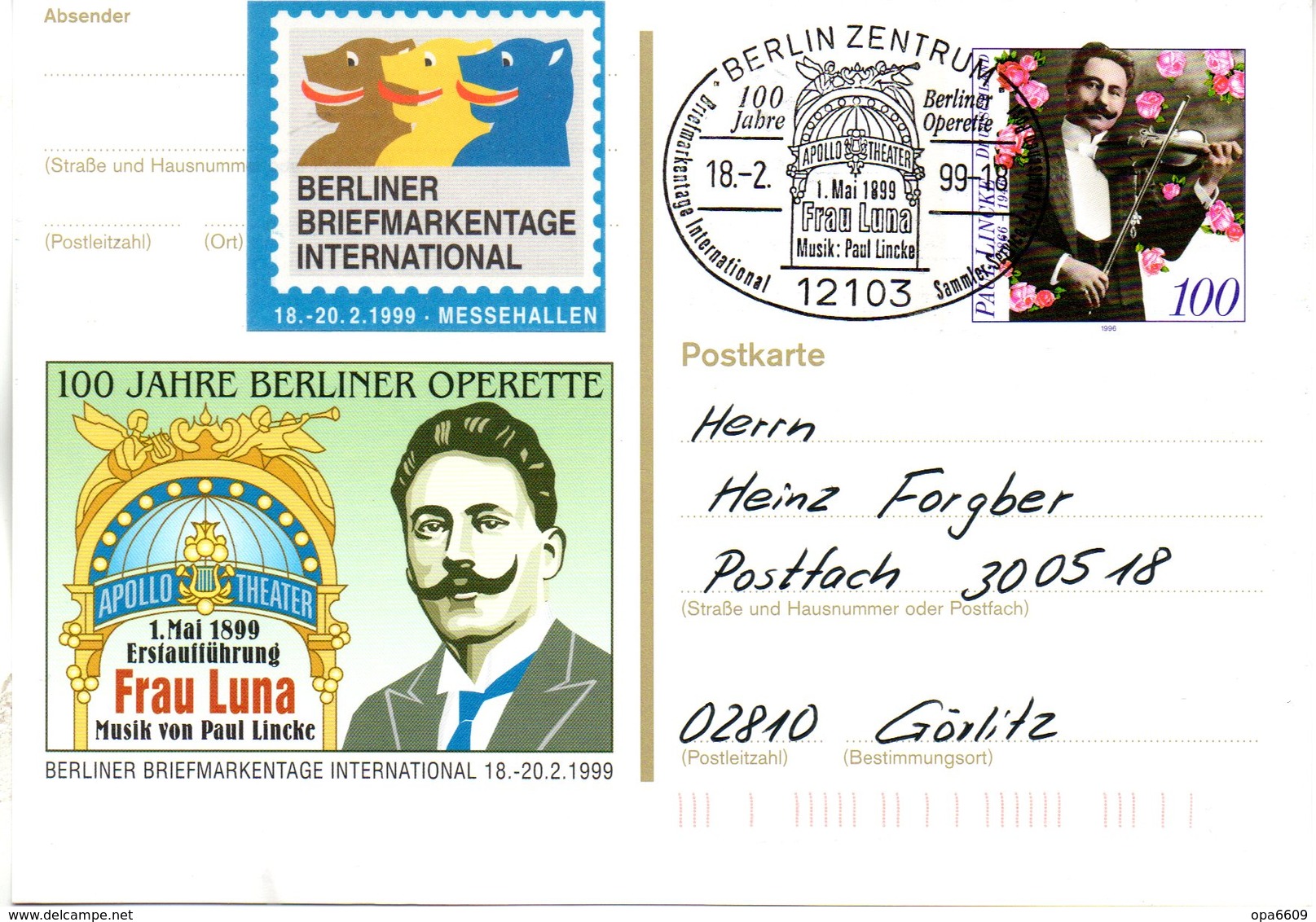 BRD Amtl. GZS-Sonderpostkarte PSo 57 "Int. Berliner BM-Tage" WSt. "50.Todestag Von Paul Lincke", ESSt. 18.10.1999 BERLIN - Postcards - Used