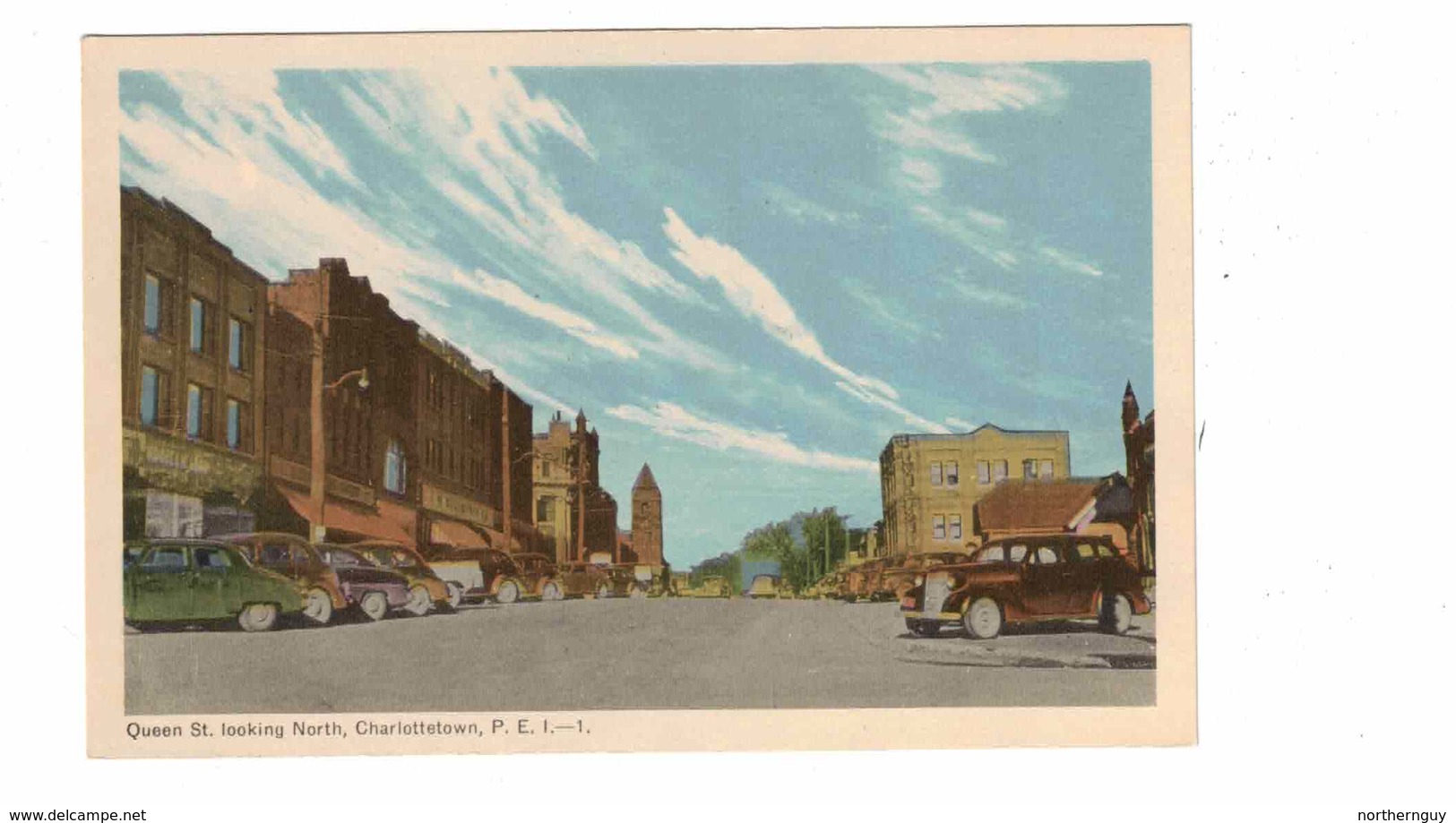 CHARLOTTETOWN, Prince Edward Island, Canada, Queens Street & Stores, 1940's Cars, Old WB PECO Postcard - Charlottetown