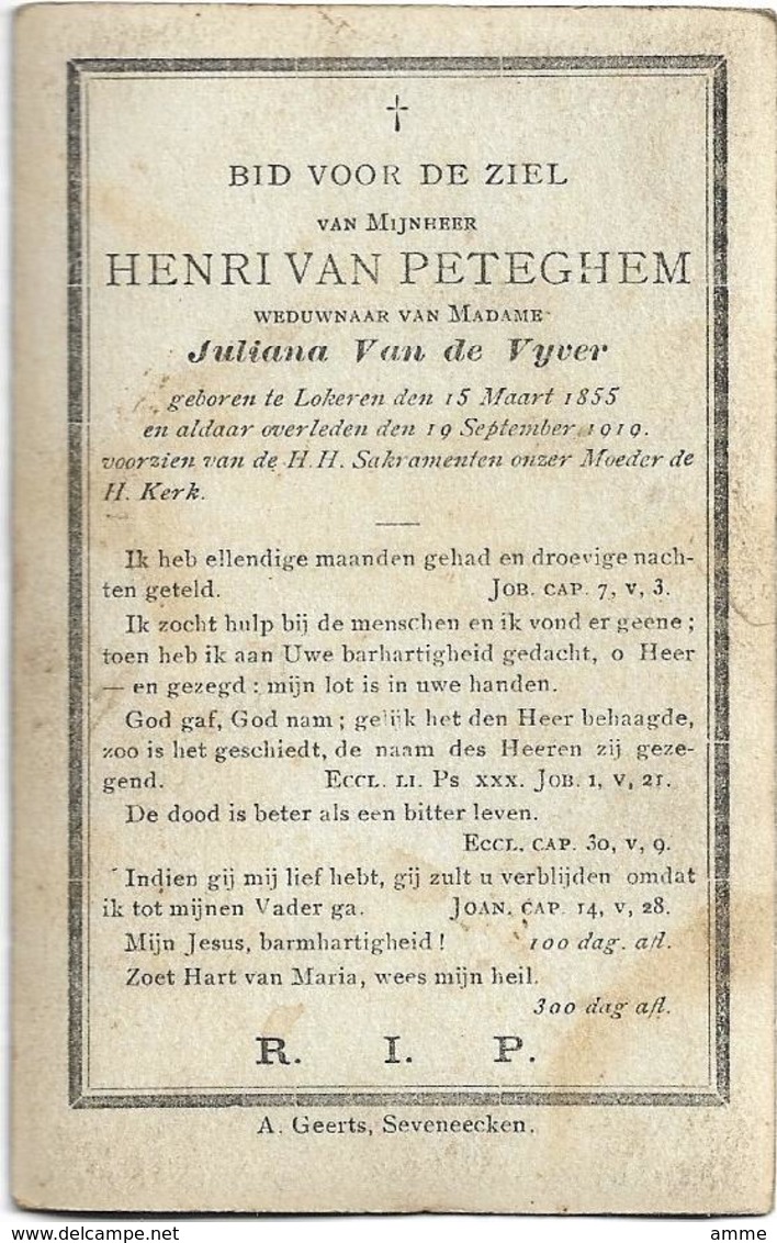 Doodsprentje  *  Henri Van Peteghem (° Lokeren 1855 / +  1919 ) + Juliana Van De Vyver - Religion & Esotérisme