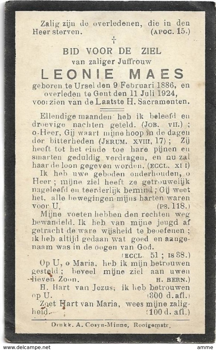 Doodsprentje  *  Leonie Maes (° Ursel 1886  / + Gent 1924) - Religion & Esotérisme