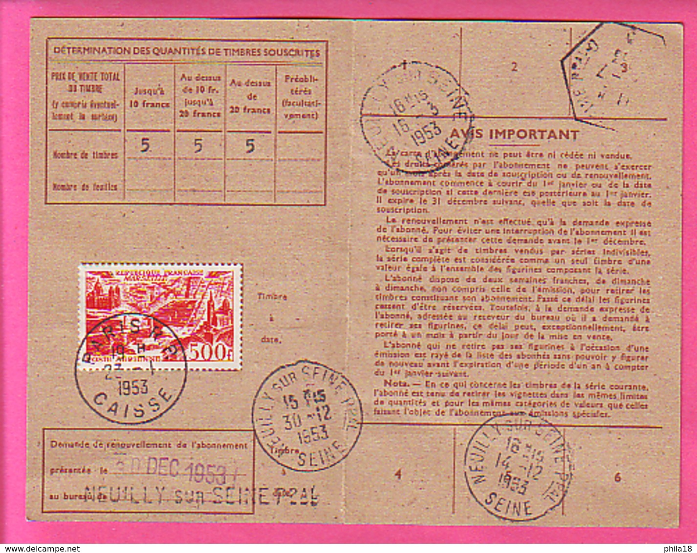 500f MARSEILLE N°PA27 SUR CARTE ABONNEMENT AUX TIMBRES  OBLITERATION PARIS R P CAISSE DE 1953 SERVI AU BUREAU DE NEUILLY - 1921-1960: Période Moderne