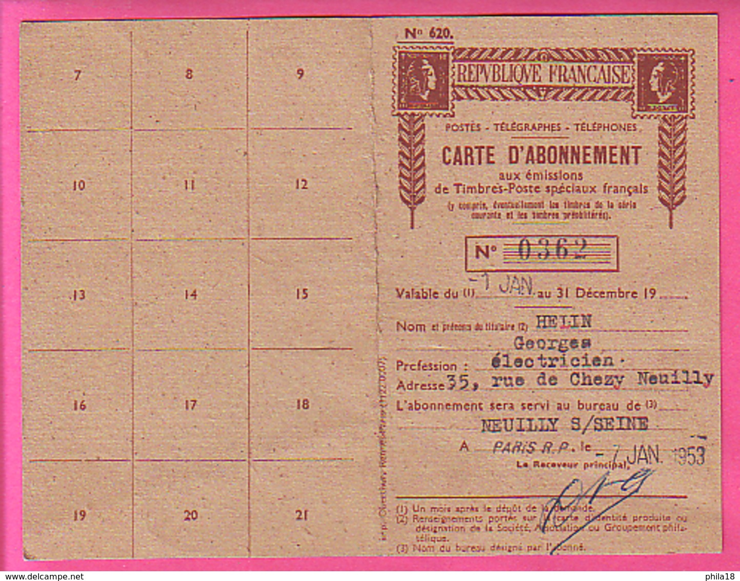 500f MARSEILLE N°PA27 SUR CARTE ABONNEMENT AUX TIMBRES  OBLITERATION PARIS R P CAISSE DE 1953 SERVI AU BUREAU DE NEUILLY - 1921-1960: Période Moderne