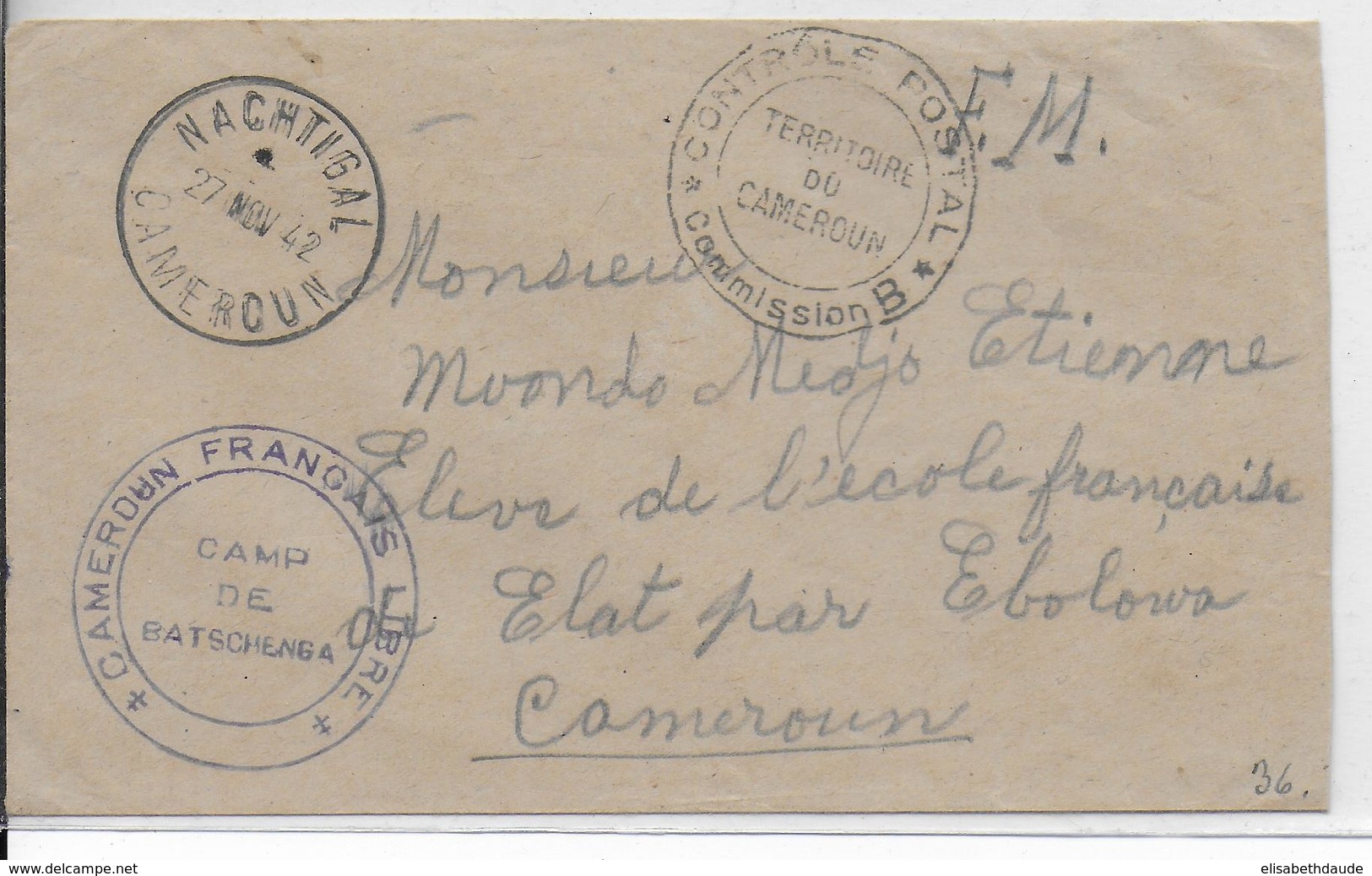 1942 - CAMEROUN FRANCE LIBRE - ENVELOPPE FM CENSUREE Du CAMP De BATSCHENGA (DETENUS PARTISANS De PETAIN) RARE ET SUP ! - Guerra De 1939-45