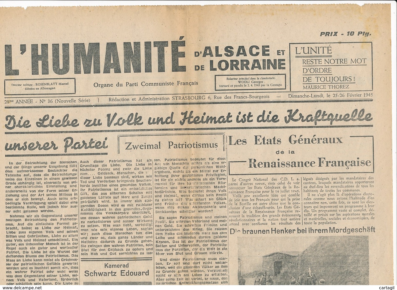 Humanité Alsace Lorraine 1945- B3719- ( Edition,  Date , Contenu ,  état ... Scan)-Envoi Gratuit - Dokumente