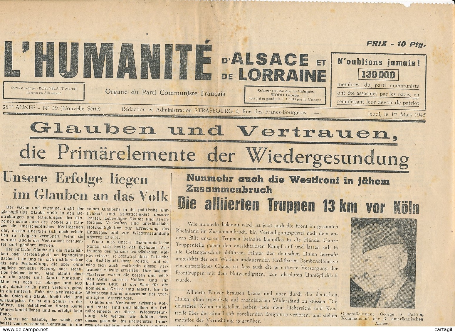 Humanité Alsace Lorraine 1945- B3719- ( Edition,  Date , Contenu ,  état ... Scan)-Envoi Gratuit - Documents