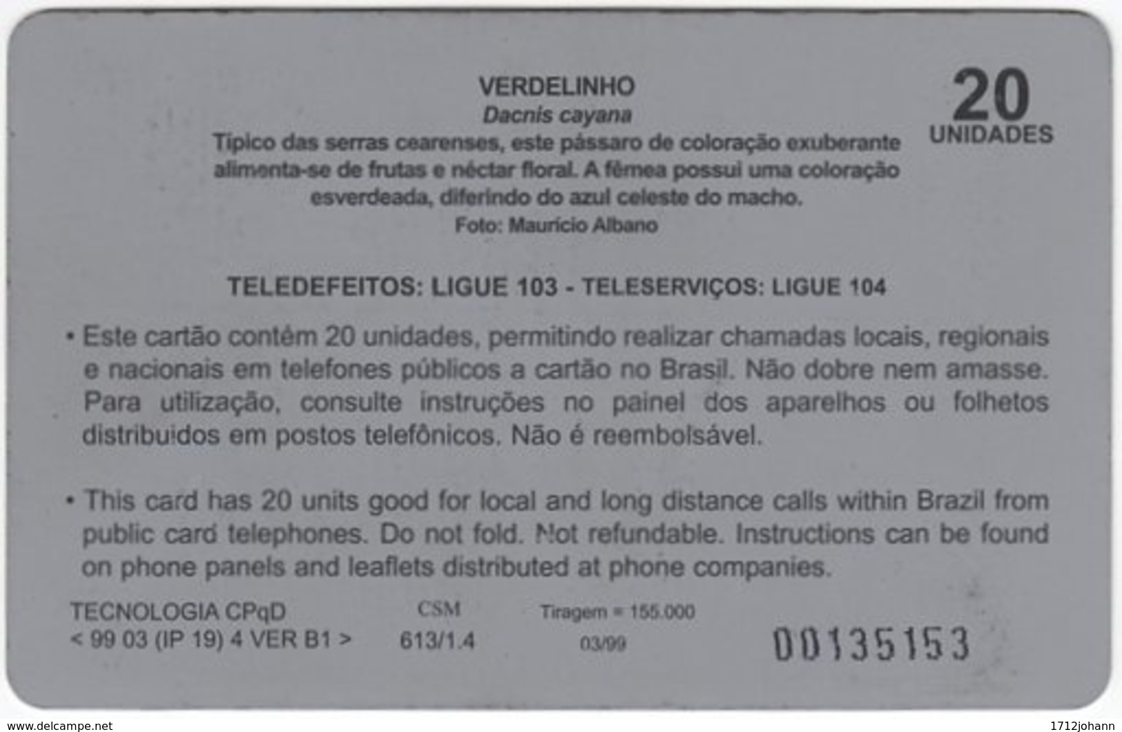 BRASIL J-510 Magnetic Teleceara - Animal, Bird - Used - Brasilien